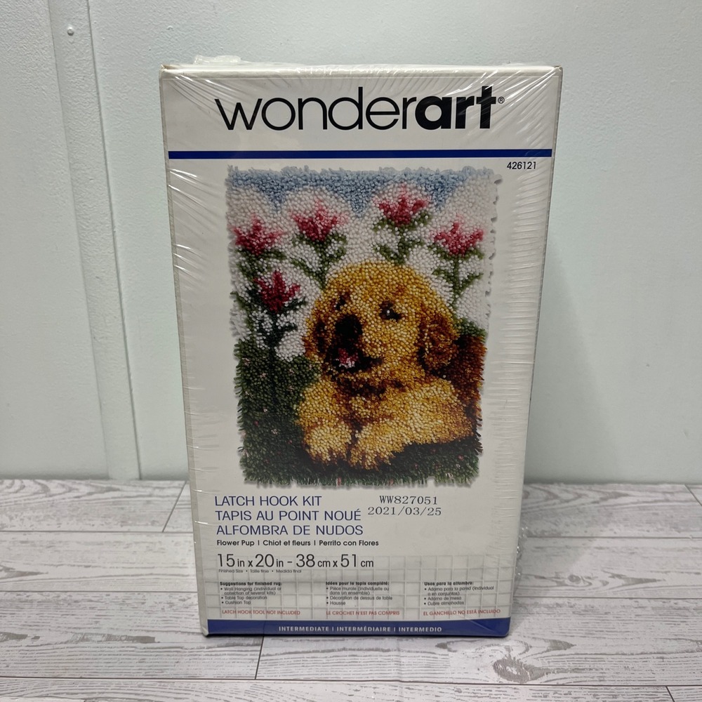 Wonderart Flower Pup Latch Hook Kit 15x20 Golden Puppy Dog WW827051 NEW